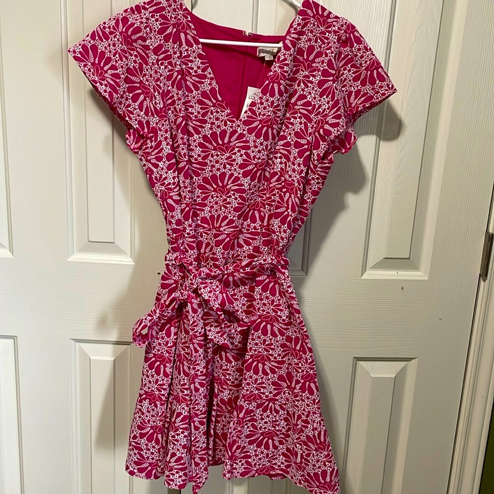 LOFT Pink and White Floral Embroidered Dress. NEW with Tags Sz 14